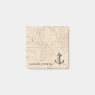 Old World Map Nautical Anchor Add Name 3x3 Post-it Notes