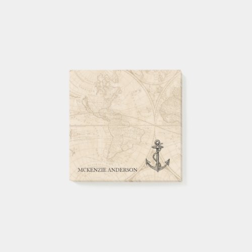 Old World Map Nautical Anchor Add Name 3x3 Post_it Notes