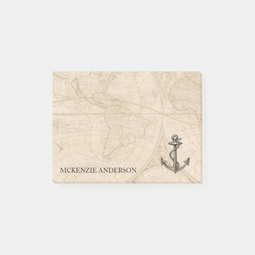 Old World Map Nautical Anchor Add Name 4x3 Post_it Notes