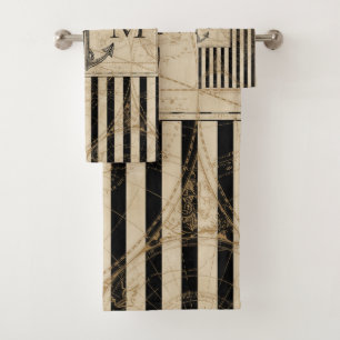 Old World Map Nautical Anchor Monogram Bath Towel Set