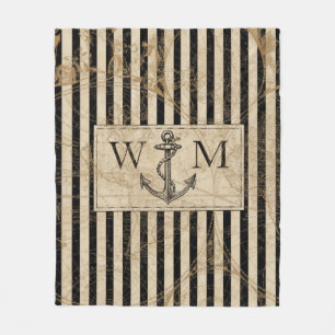 Old World Map Nautical Anchor Monogram Fleece Blanket