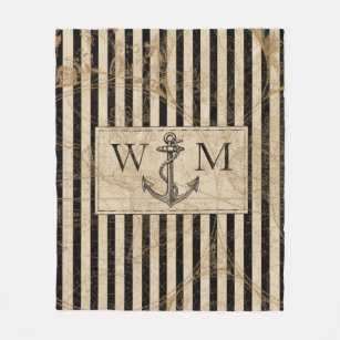 Old World Map Nautical Anchor Monogram Fleece Blanket