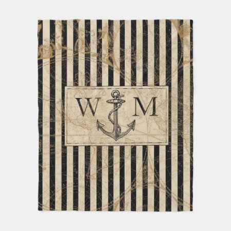 Old World Map Nautical Anchor Monogram Fleece Blanket