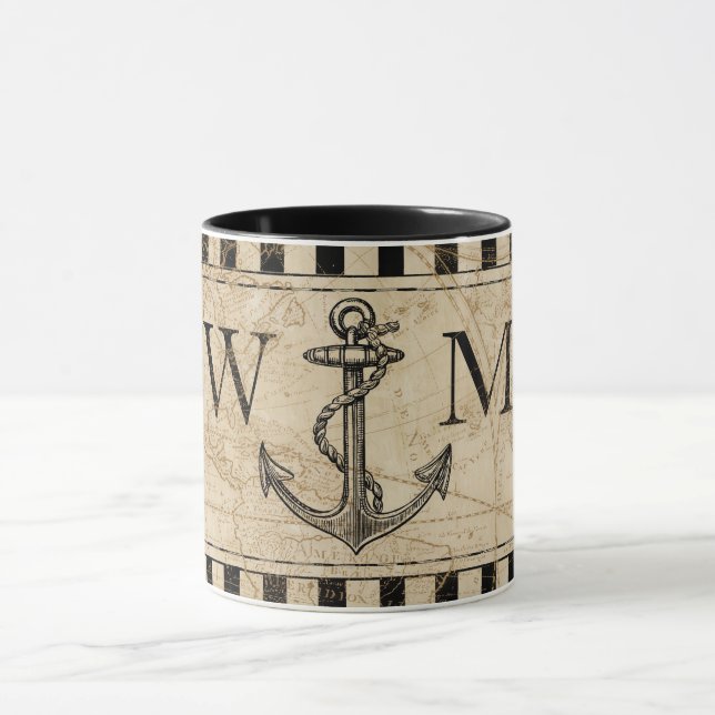 Old World Map Nautical Anchor Monogram Mug (Center)