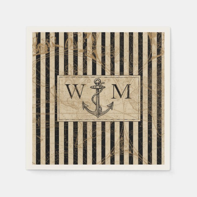 Old World Map Nautical Anchor Monogram Napkins (Front)