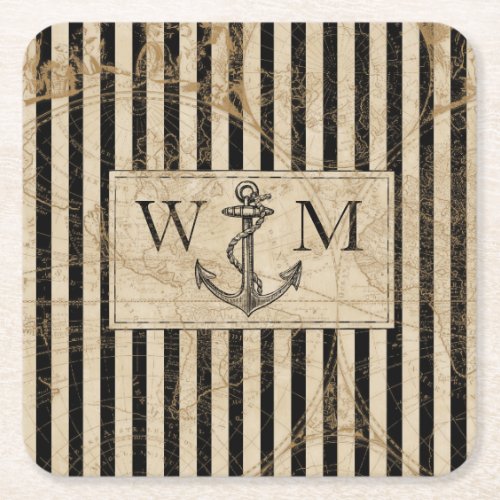 Old World Map Nautical Anchor Monogram Square Paper Coaster
