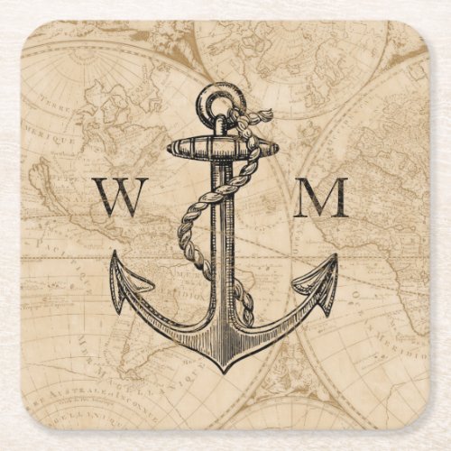 Old World Map Nautical Anchor Monogram Square Paper Coaster