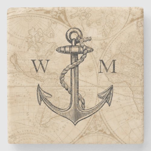 Old World Map Nautical Anchor Monogram Stone Coaster