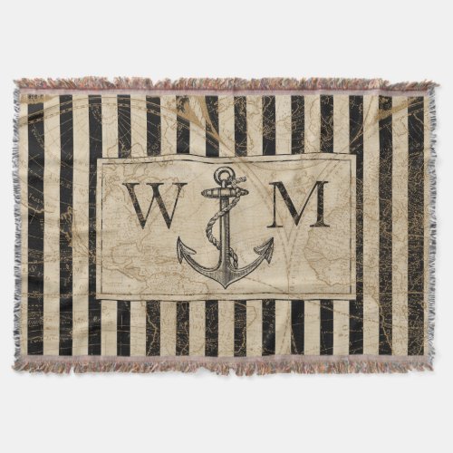 Old World Map Nautical Anchor Monogram Throw Blanket