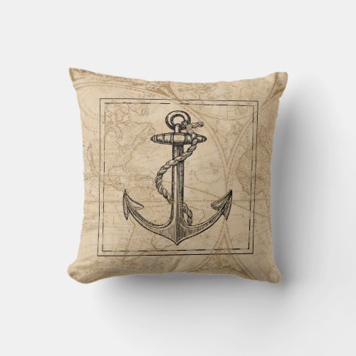 Old World Map Nautical Anchor Monogram Throw Pillow