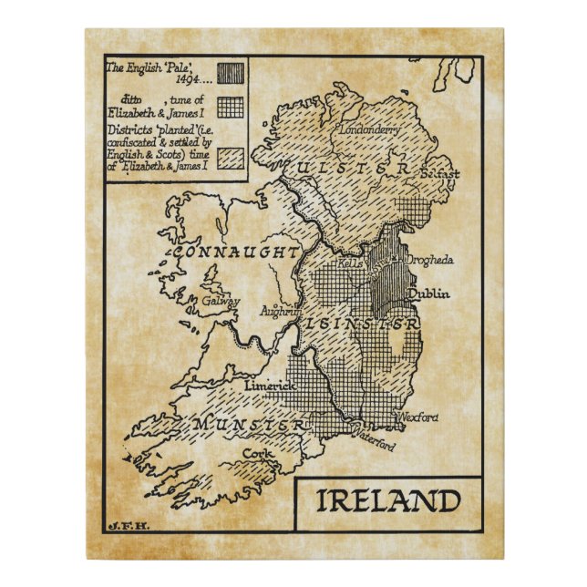 Old World Map Of Ireland art Illustration Faux Canvas Print (Front)
