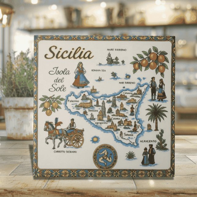 Old World Map of Sicily Ceramic Tile (Traditional Old World Map of Sicily Ceramic Tile with Carretto Siciliano - Sicilian heritage gift)