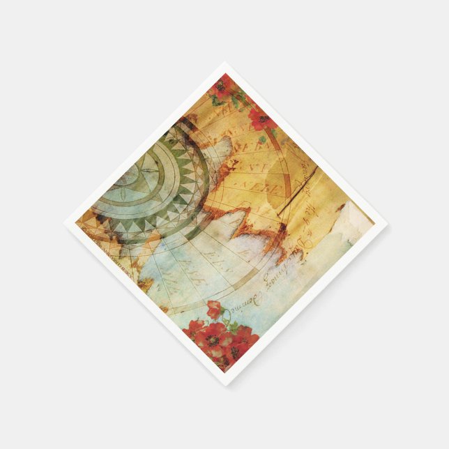 Old World Map & Poppies Custom Paper Napkins (Corner)