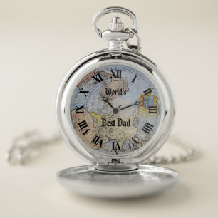 Old World Map Roman Numerals World's Best Dad Pocket Watch