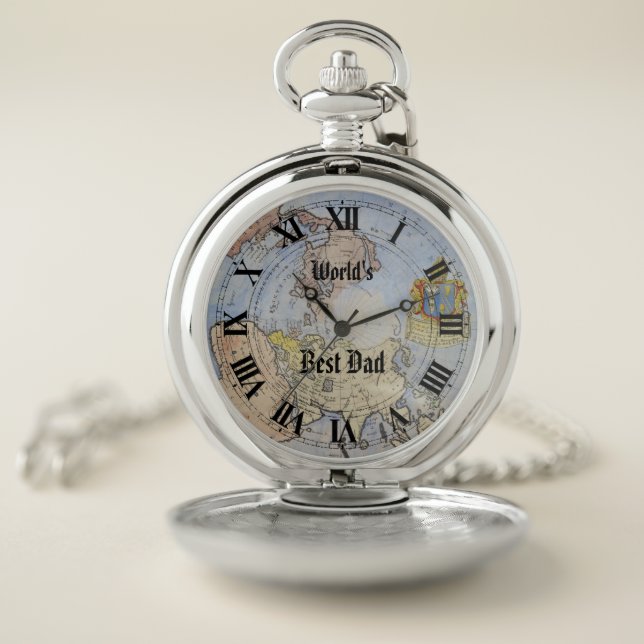 Old World Map Roman Numerals World's Best Dad  Pocket Watch (Inside)