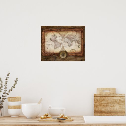 Old World Map with Compass Poster | Zazzle