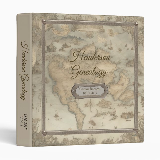 Old World MapFamily Tree Genealogy Photo Album 3 Ring Binder (Front/Spine)