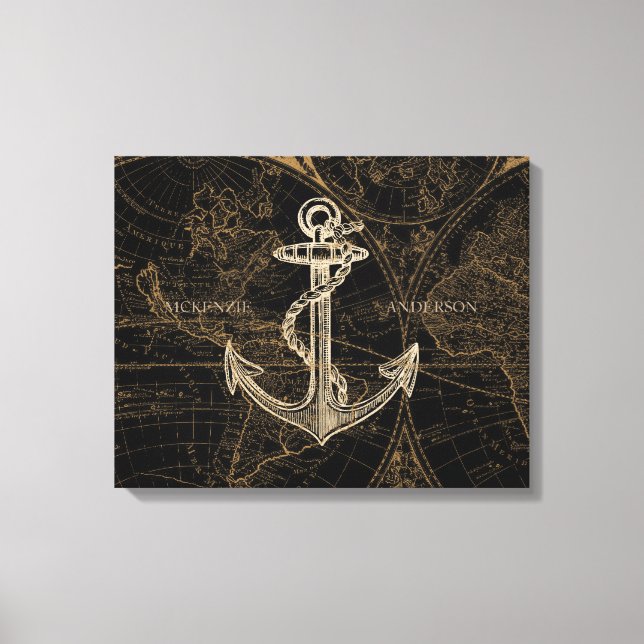 Old World Nautical Anchor Add Name Black Canvas Print (Front)