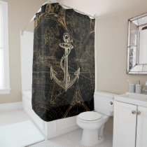 Old World Nautical Anchor Add Name Black Shower Curtain