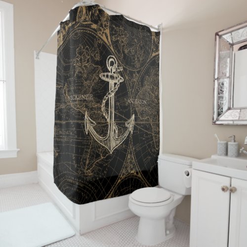 Old World Nautical Anchor Add Name Black Shower Curtain