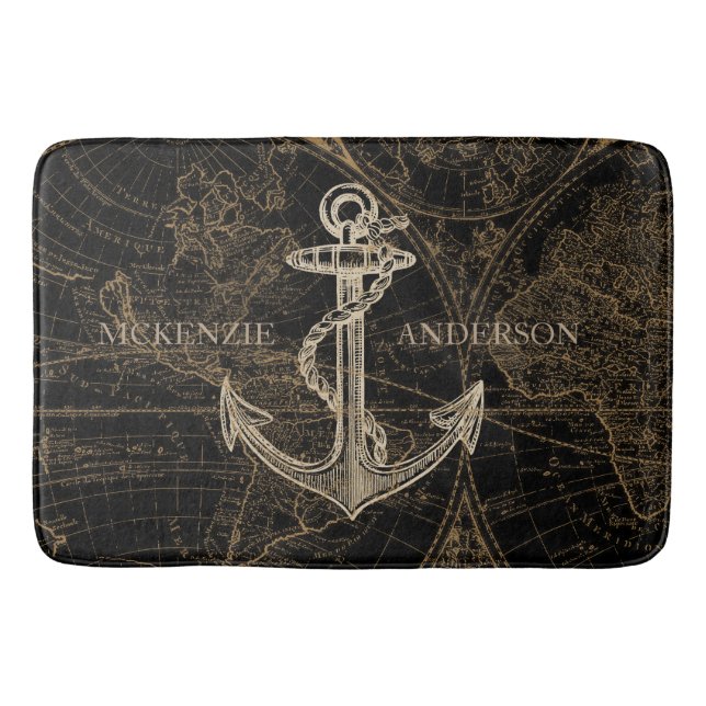 Old World Nautical Anchor Monogram Black Bathroom Mat (Front)