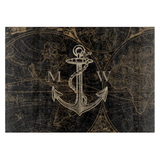 Old World Nautical Anchor Monogram Black Cutting Board (Front)