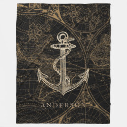 Old World Nautical Anchor Monogram Black Fleece Blanket