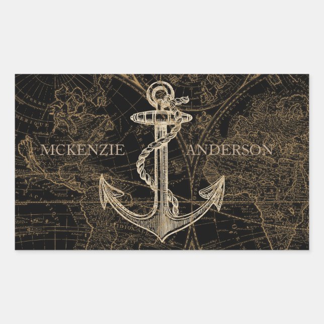Old World Nautical Anchor Monogram Black Rectangular Sticker (Front)