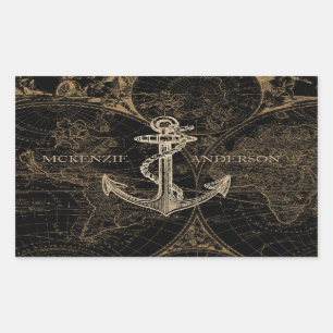 Old World Nautical Anchor Monogram Black Rectangular Sticker