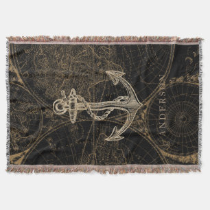 Old World Nautical Anchor Monogram Black Throw Blanket