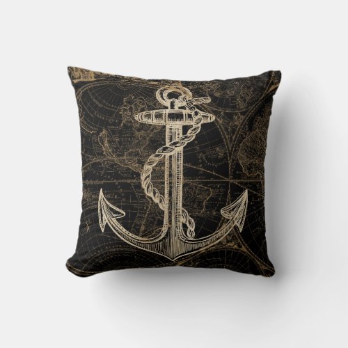 Old World Nautical Anchor Monogram Black Throw Pillow