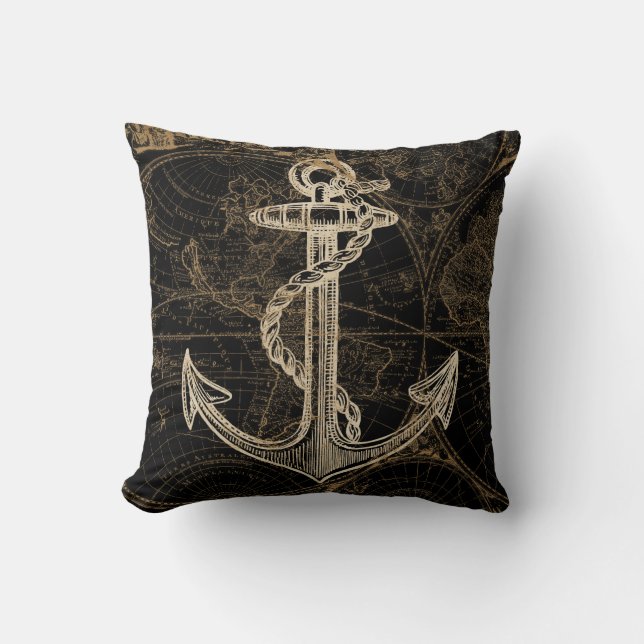 Old World Nautical Anchor Monogram Black Throw Pillow (Front)