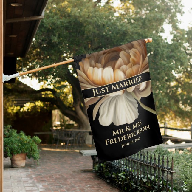 Old World Painted Flower Just Married Wedding  House Flag (In SItu)