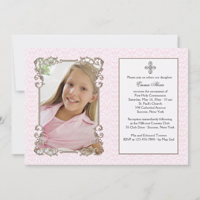 Old World Pink Damask Photo Religious Invitation (Front)