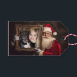 Old World Santa | Add-a_Photo Christmas Thank You Gift Tags<br><div class="desc">This gorgeous Christmas photo gift tag features a photo of Santa holding a frame with your favorite photo. The back has a luxurious red and gold background. In the center with a hand written "Thank You" greeting. You can personalize with your names and a year. All text can be edited...</div>