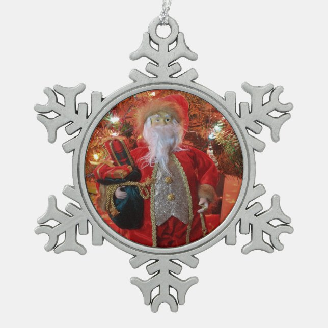 Old World Santa Claus shot closeup on a Snowflake Pewter Christmas Ornament (Front)