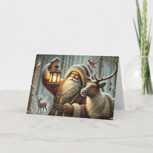 Old World Santa Lantern Elf Reindeer Birds Snow Holiday Card