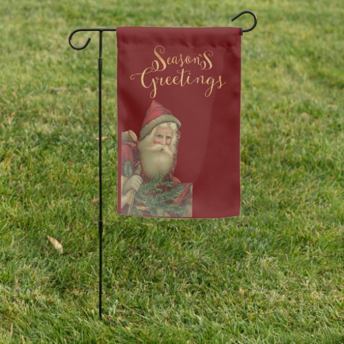 Old World Santa Seasons Greetings Script Holiday Garden Flag