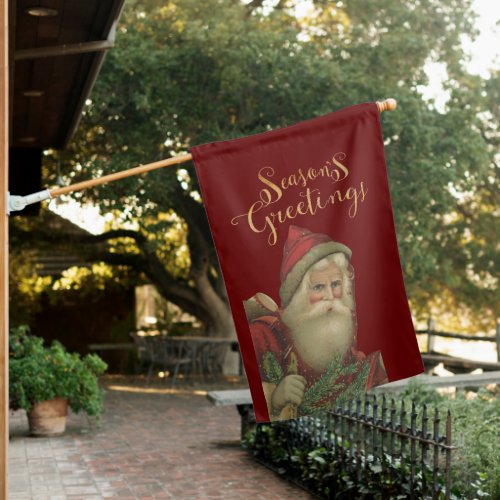 Old World Santa Seasons Greetings Script Holiday House Flag