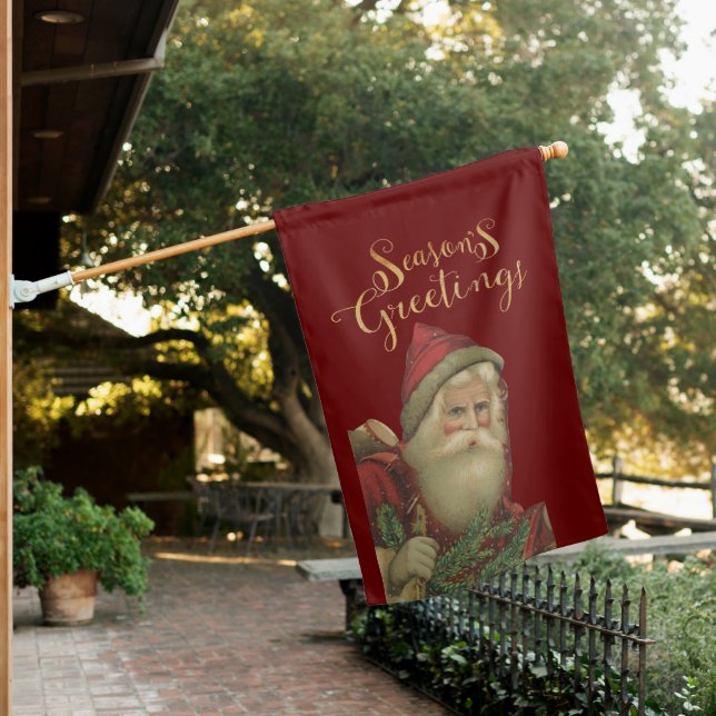 Old World Santa Seasons Greetings Script Holiday House Flag (In SItu)