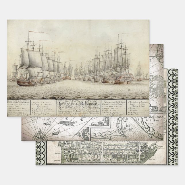 OLD WORLD SHIPS HEAVY WEIGHT DECOUPAGE PRINTS WRAPPING PAPER SHEETS (Set)