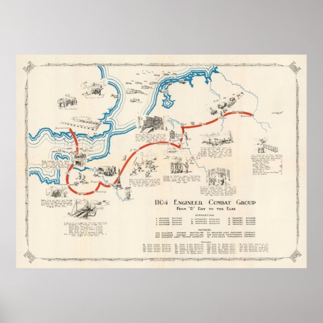 Old WWII 1104 Engineer Combat Group Route (1945)  Poster (Front)