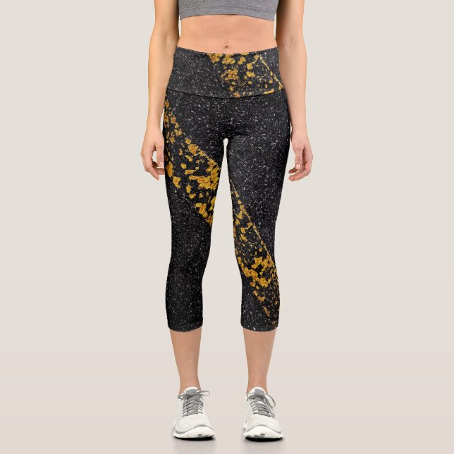 Old Yellow painted line on asphalt road Capri Leggings (Front)