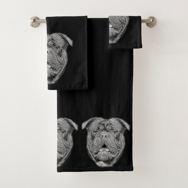 Olde English Bulldog dog set of bath towels (Insitu)