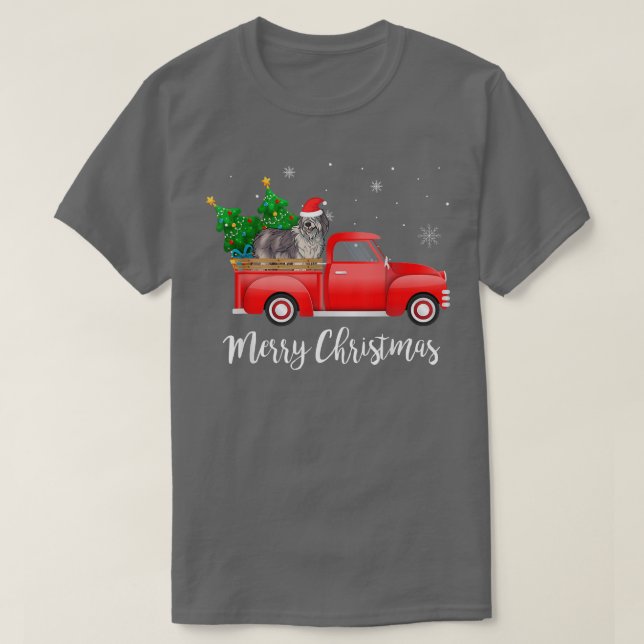 Olde English Sheepdog Dog Riding Red Truck Christm T-Shirt (Design Front)