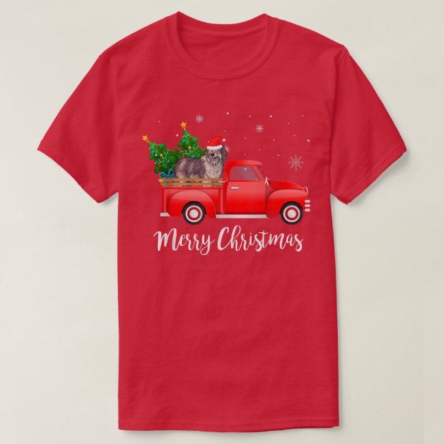 Olde English Sheepdog Dog Riding Red Truck Christm T-Shirt (Design Front)