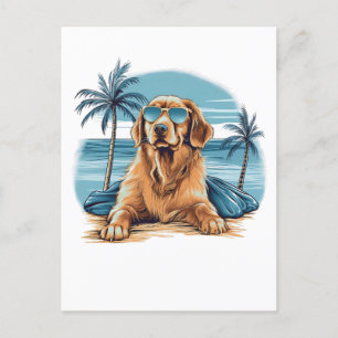 olden-retriever with sunglasses at the beach postcard