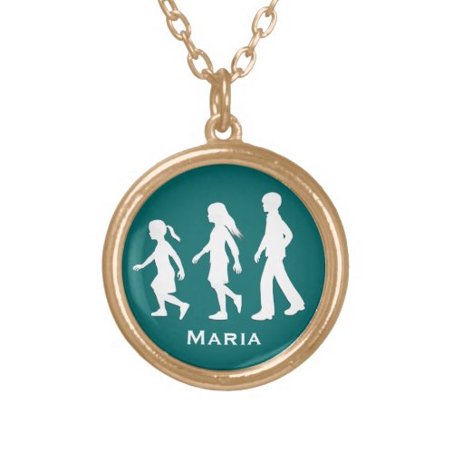 Older Brother Younger Sisters Silhouettes Gold Plated Necklace