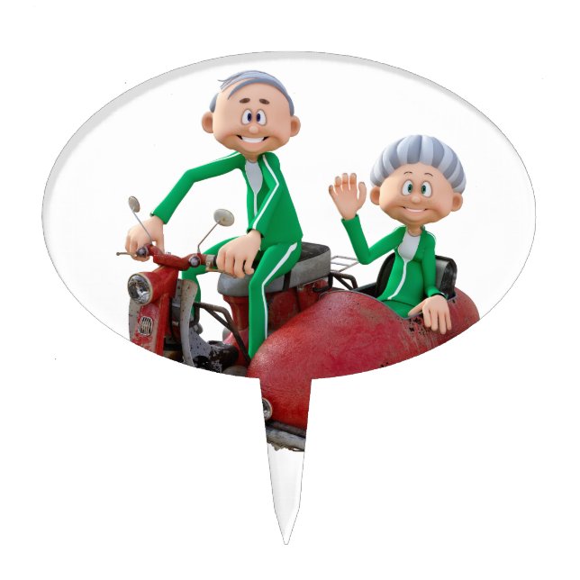 Older Couple on a Moped with Sidecar Cake Topper (Front)