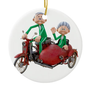 Older Couple on a Moped with Sidecar Ceramic Ornament